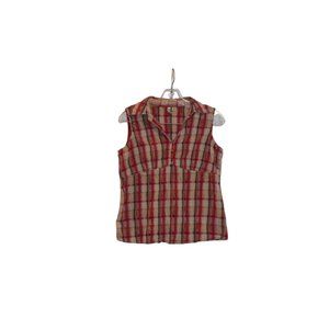 ST. JOHN'S BAY (R) Petite Stretch Cotton Tan-Red Plaid V-Neck Sleeveless Top PM